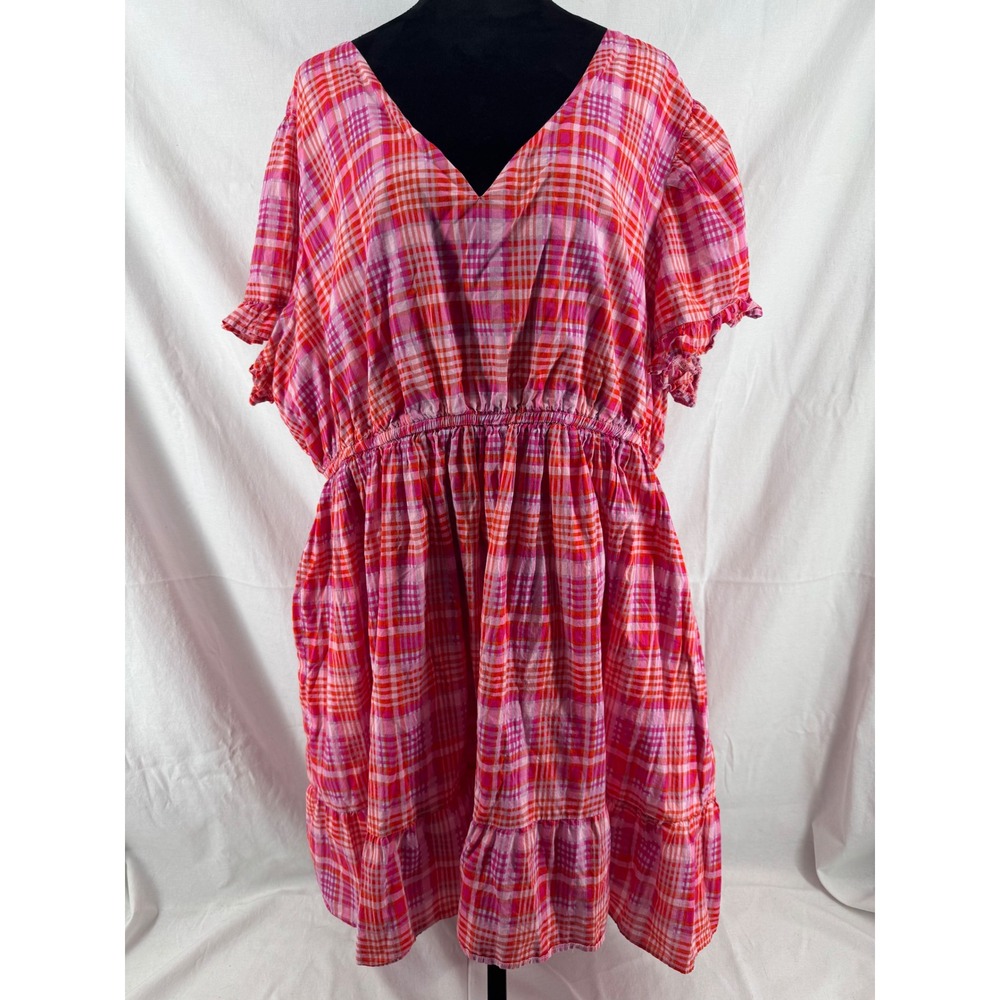 Terra & Sky Pink Orange Plaid V-Neck Flutter Sleeve Tiered Cotton Dress 24W-26W